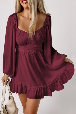 Wine Red Plain Ruffled High Waist Square Neck A Line Mini Dress