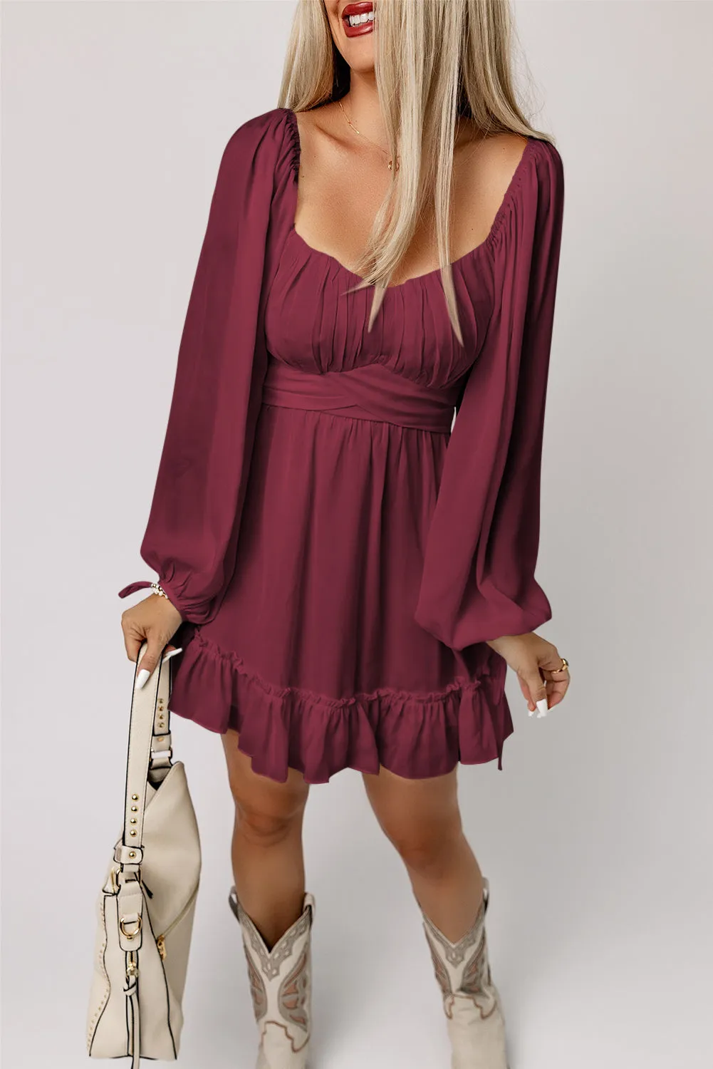 Wine Red Plain Ruffled High Waist Square Neck A Line Mini Dress