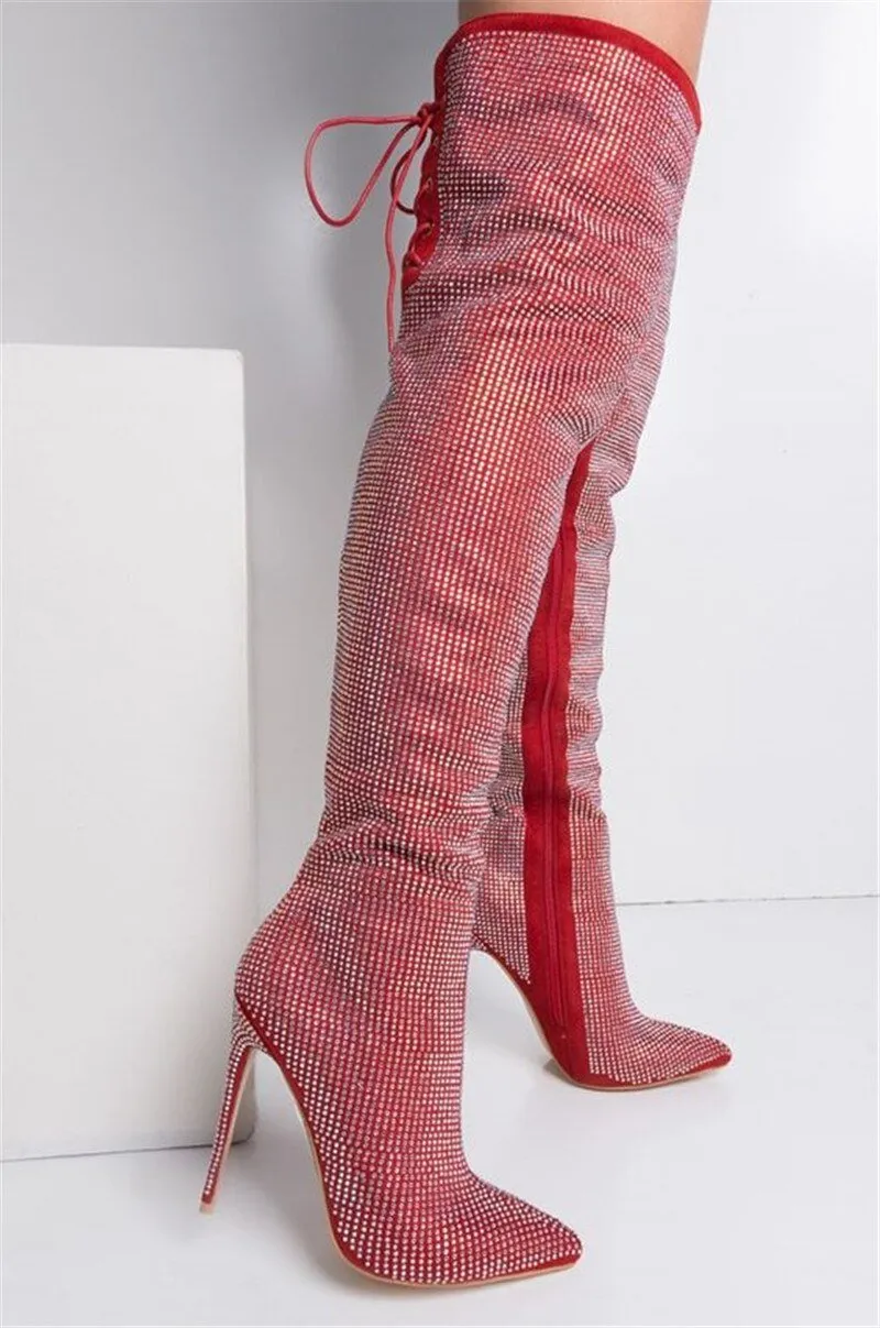 Woman Crystal Pointed Toe Over The Knee Boots plus size