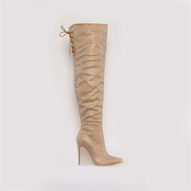 Woman Crystal Pointed Toe Over The Knee Boots plus size