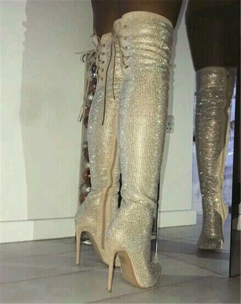 Woman Crystal Pointed Toe Over The Knee Boots plus size