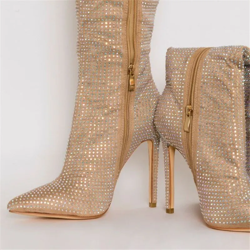 Woman Crystal Pointed Toe Over The Knee Boots plus size