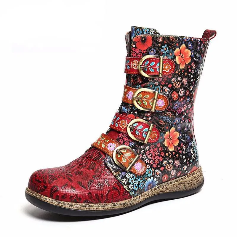 Women Boots Retro Printed Metal Buckle Genuine Leather Zipper Ankle Boots Ladies Shoes Women Botines Mujer 2020