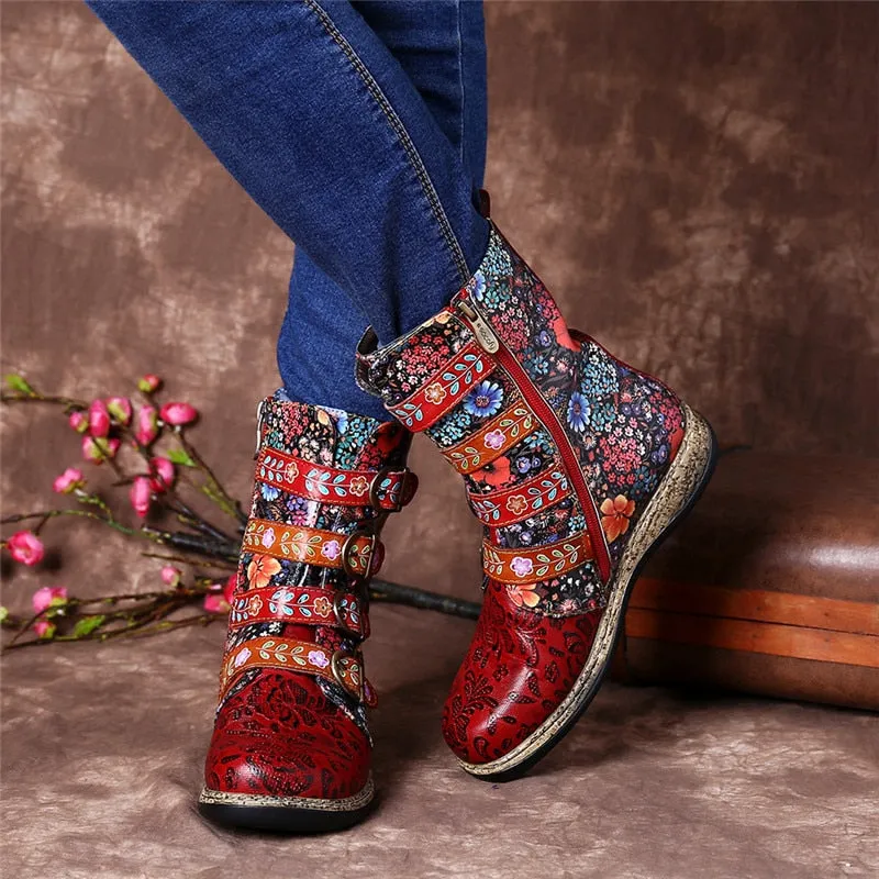 Women Boots Retro Printed Metal Buckle Genuine Leather Zipper Ankle Boots Ladies Shoes Women Botines Mujer 2020