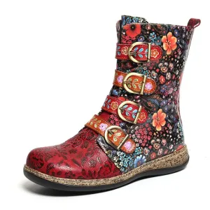 Women Boots Retro Printed Metal Buckle Genuine Leather Zipper Ankle Boots Ladies Shoes Women Botines Mujer 2020