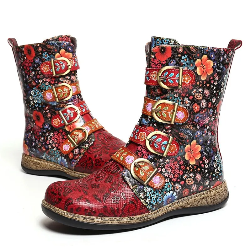 Women Boots Retro Printed Metal Buckle Genuine Leather Zipper Ankle Boots Ladies Shoes Women Botines Mujer 2020