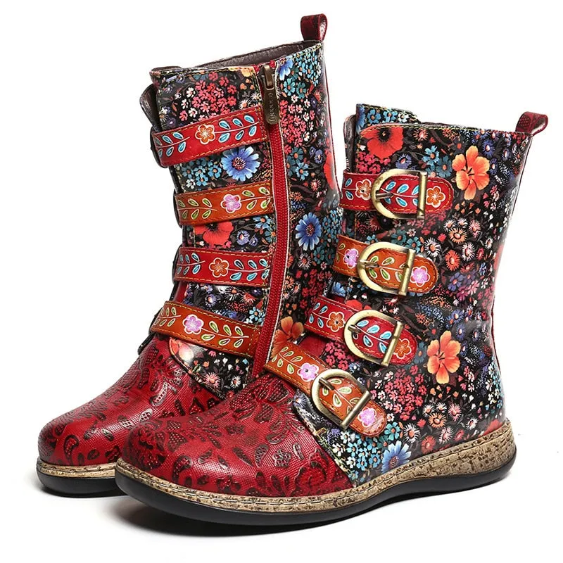 Women Boots Retro Printed Metal Buckle Genuine Leather Zipper Ankle Boots Ladies Shoes Women Botines Mujer 2020