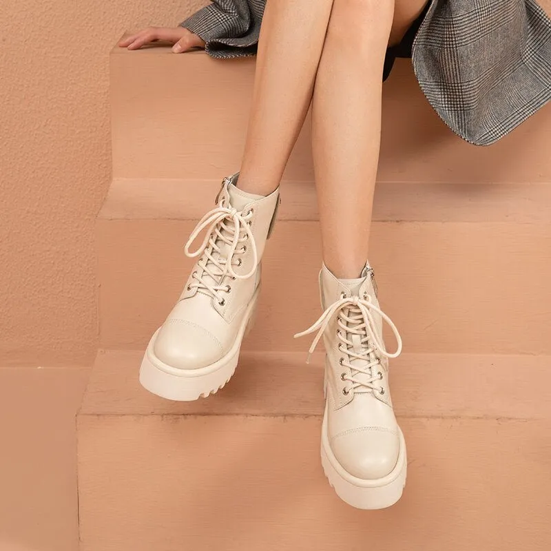 Women Cow Leather Round ToeAnkle Boots