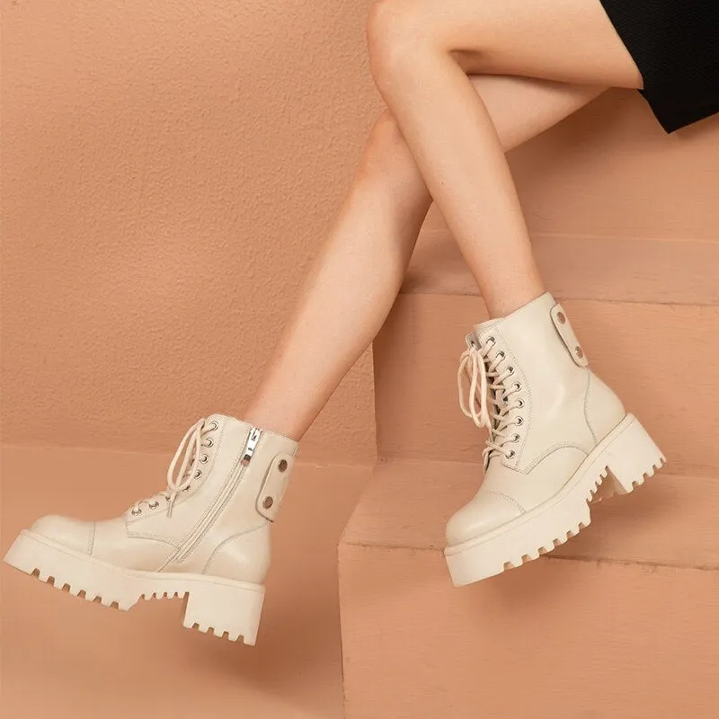 Women Cow Leather Round ToeAnkle Boots