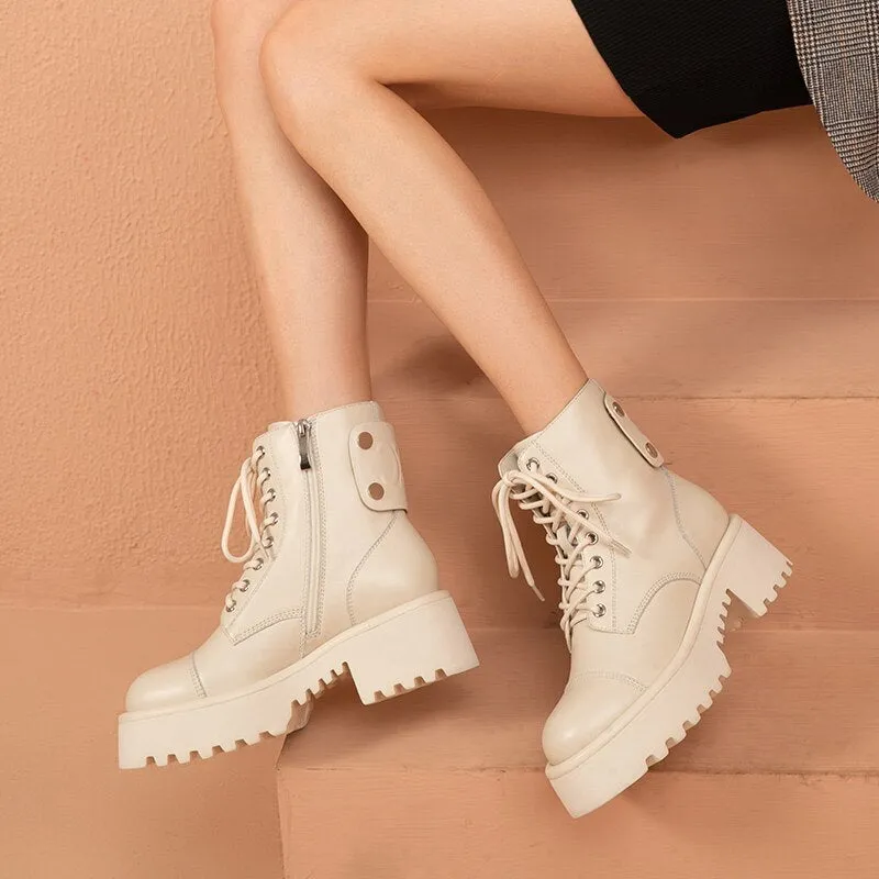 Women Cow Leather Round ToeAnkle Boots