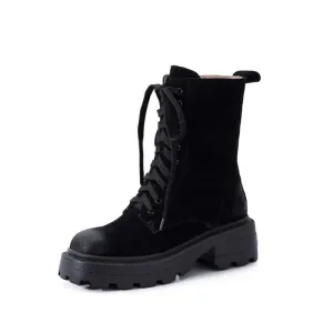 Women Cow Suede Motorcycle Boots Thick High Heel Shoes Square Toe