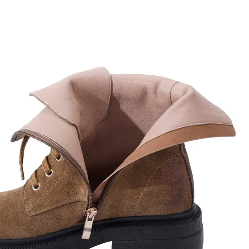 Women Cow Suede Motorcycle Boots Thick High Heel Shoes Square Toe