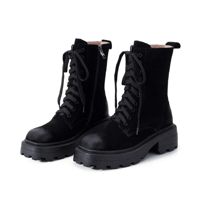 Women Cow Suede Motorcycle Boots Thick High Heel Shoes Square Toe