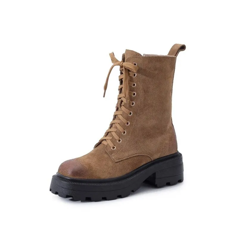 Women Cow Suede Motorcycle Boots Thick High Heel Shoes Square Toe
