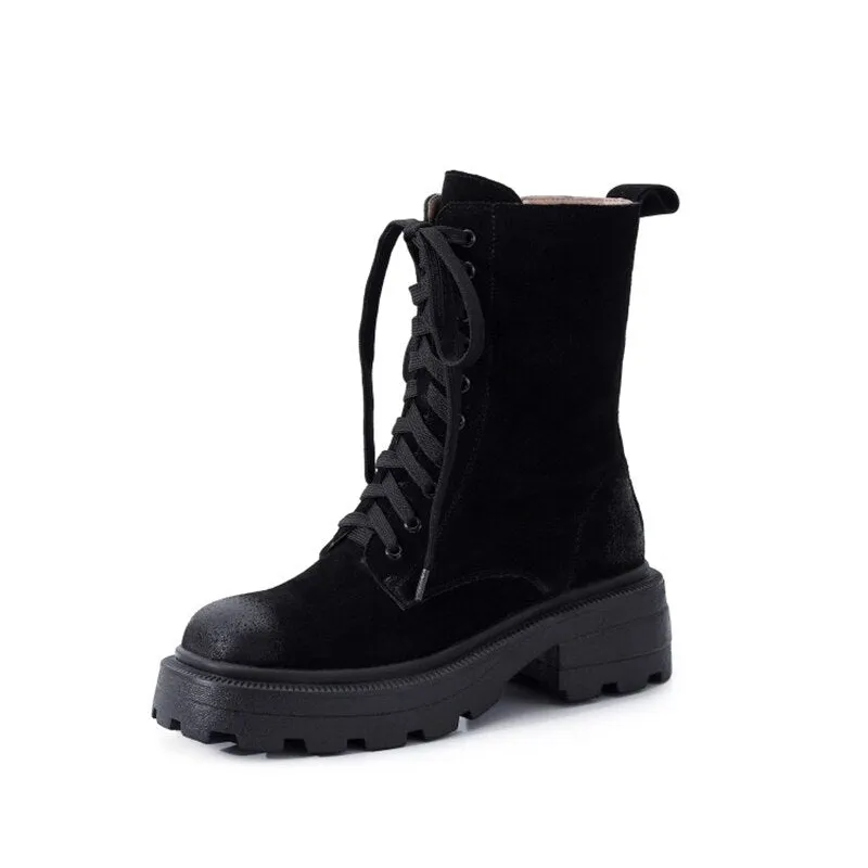 Women Cow Suede Motorcycle Boots Thick High Heel Shoes Square Toe