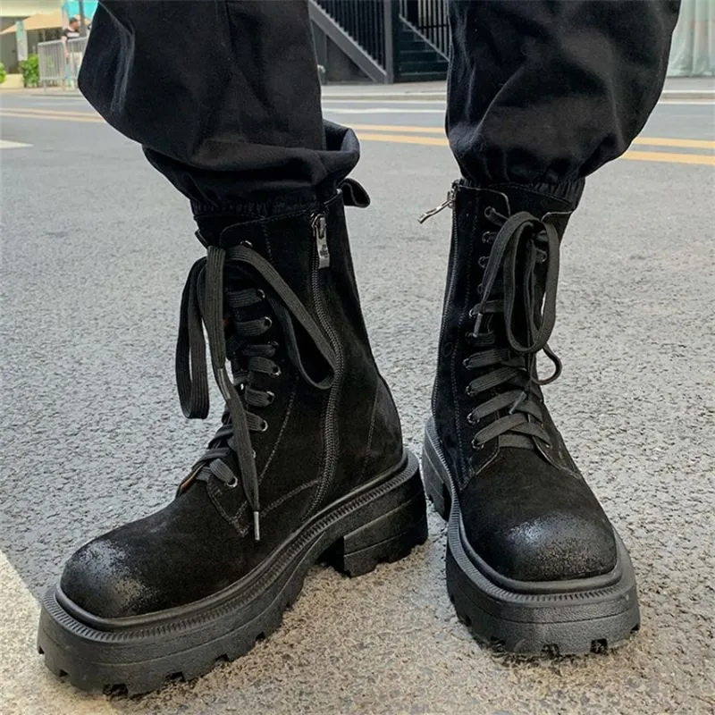 Women Cow Suede Motorcycle Boots Thick High Heel Shoes Square Toe