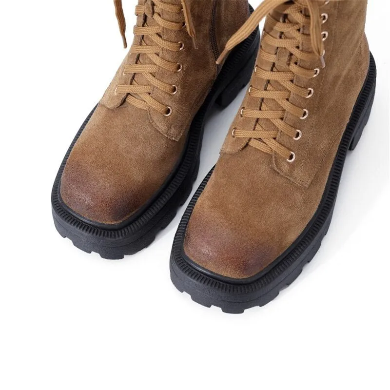 Women Cow Suede Motorcycle Boots Thick High Heel Shoes Square Toe