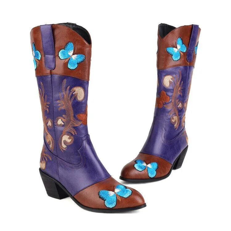 Women Embroidered Pointed Toe Mid Calf Trendy Boots