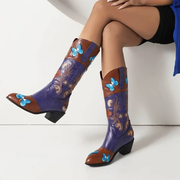 Women Embroidered Pointed Toe Mid Calf Trendy Boots