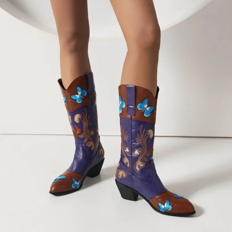Women Embroidered Pointed Toe Mid Calf Trendy Boots