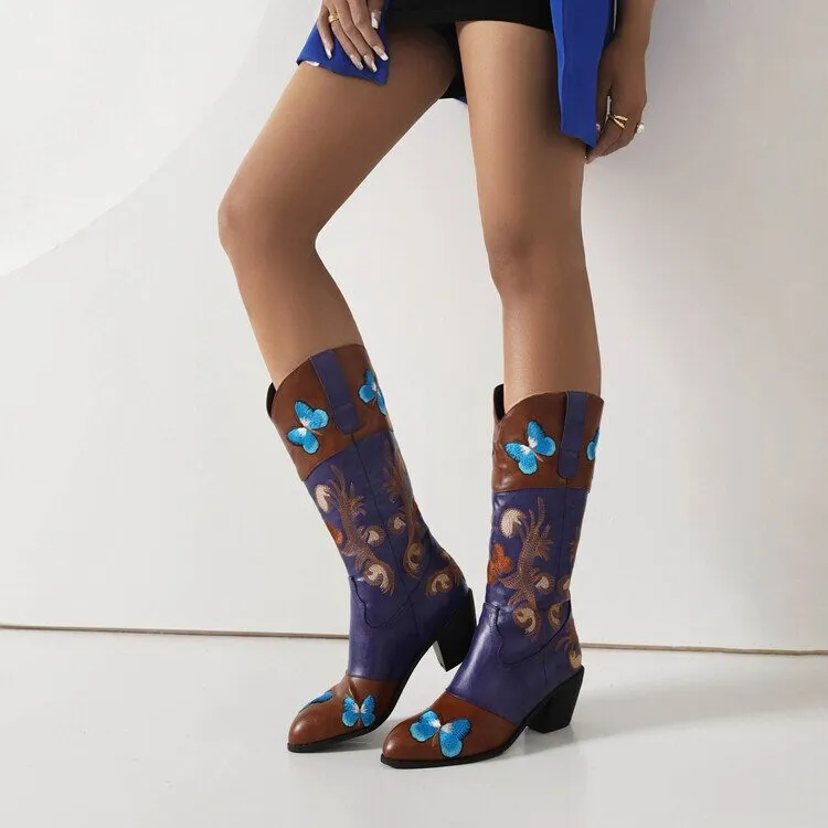 Women Embroidered Pointed Toe Mid Calf Trendy Boots