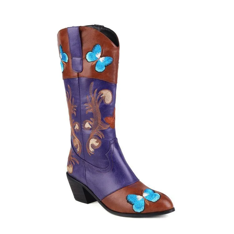 Women Embroidered Pointed Toe Mid Calf Trendy Boots