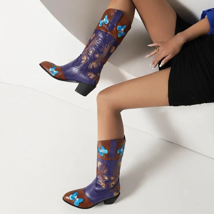 Women Embroidered Pointed Toe Mid Calf Trendy Boots