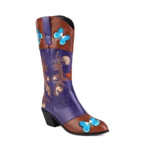 Women Embroidered Pointed Toe Mid Calf Trendy Boots