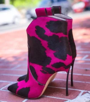 Women Mid-calf Fuchsia Leopard Boots Lady Pointed Toe Stiletto High Heel