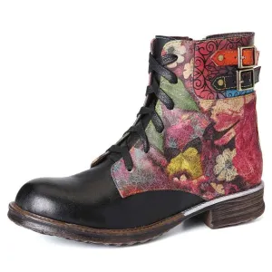 Women Watercolor Rose Genuine Leather Zipper Lace Up Flat Boots