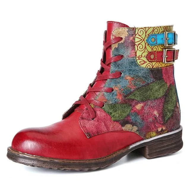 Women Watercolor Rose Genuine Leather Zipper Lace Up Flat Boots