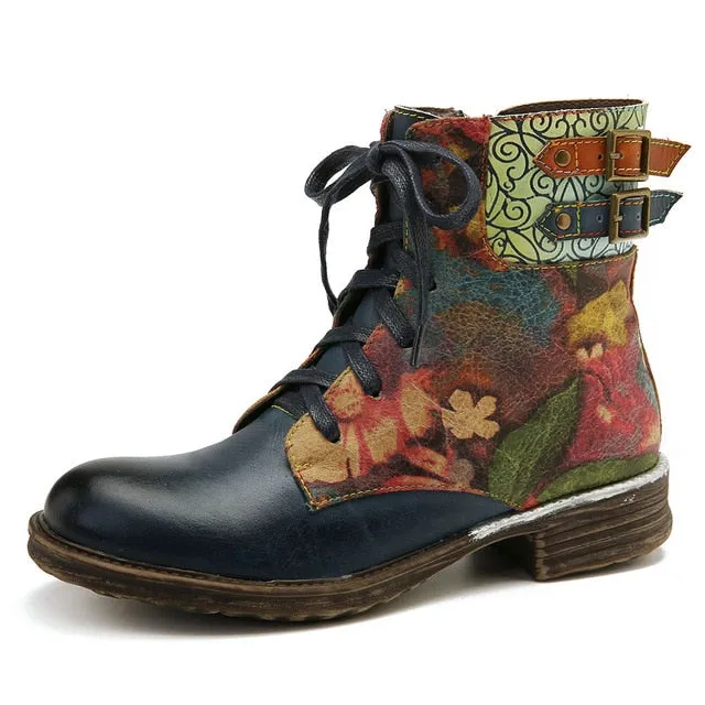 Women Watercolor Rose Genuine Leather Zipper Lace Up Flat Boots