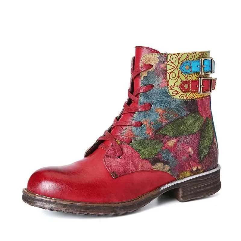 Women Watercolor Rose Genuine Leather Zipper Lace Up Flat Boots