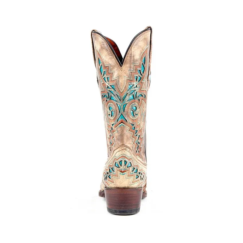 women western cowboy half boots top cow leather handmade embroider patchwork high heels motorcycle corral mid-calf boots