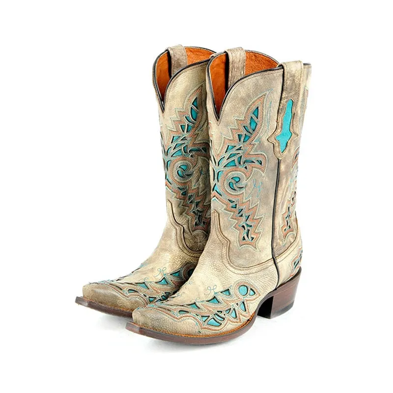 women western cowboy half boots top cow leather handmade embroider patchwork high heels motorcycle corral mid-calf boots