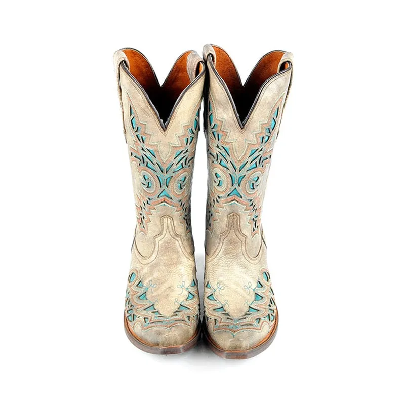women western cowboy half boots top cow leather handmade embroider patchwork high heels motorcycle corral mid-calf boots