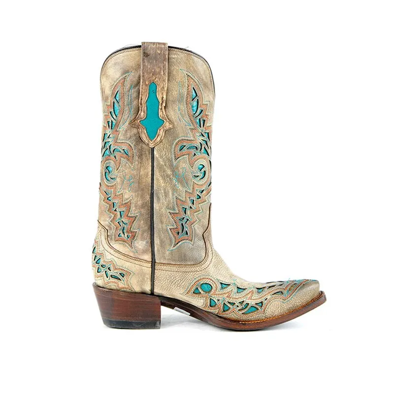 women western cowboy half boots top cow leather handmade embroider patchwork high heels motorcycle corral mid-calf boots