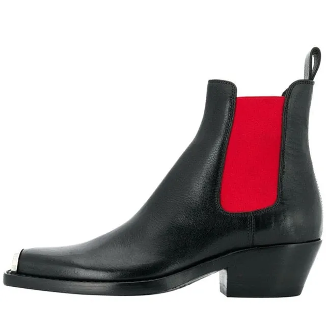 Women Winter Genuine Leather Ankle Boots For Women Metal Toe Cap Elastic Band Booties Mujer 2019 Low Heels Shoes Woman