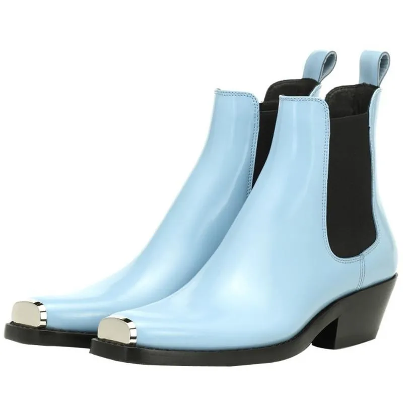 Women Winter Genuine Leather Ankle Boots For Women Metal Toe Cap Elastic Band Booties Mujer 2019 Low Heels Shoes Woman