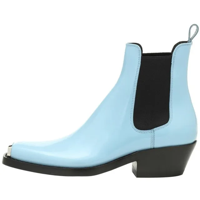 Women Winter Genuine Leather Ankle Boots For Women Metal Toe Cap Elastic Band Booties Mujer 2019 Low Heels Shoes Woman