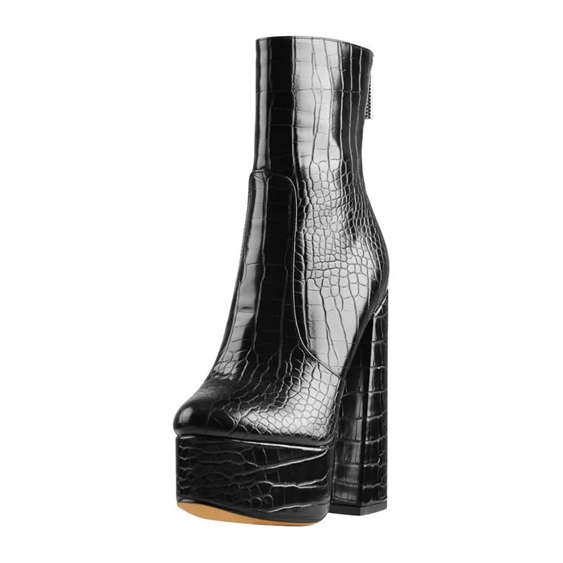 Women's Ankle 16CM High Chunky Heels Platform Bootie Round Toe Stone Pattern Waisted Short Thick Boots For Winter