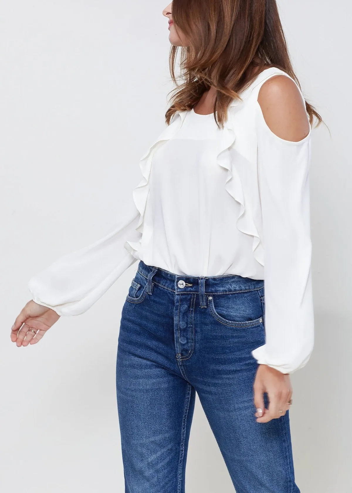 Women's Long Sleeve Open Shoulder Top In Ivory