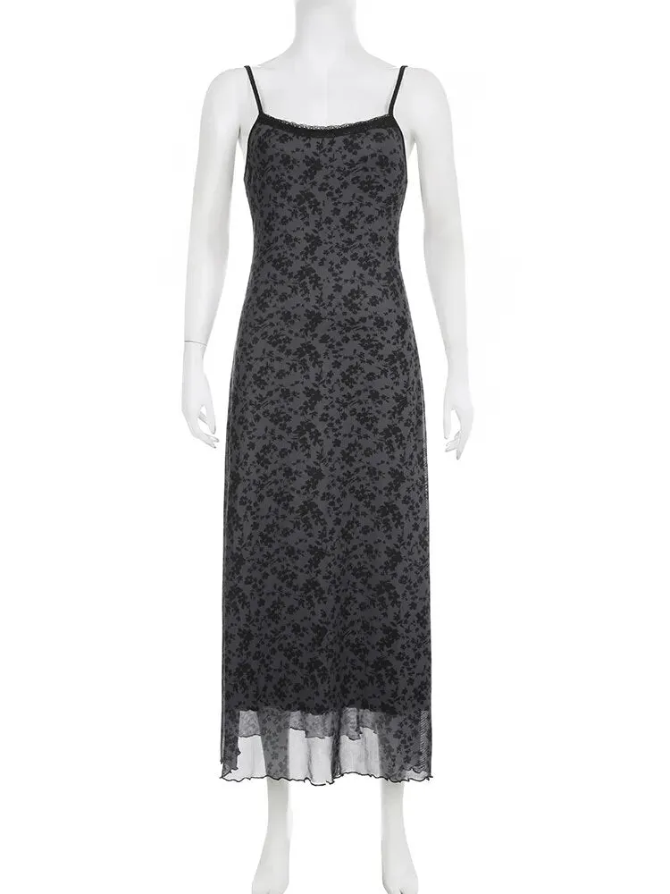 Y2K Spring Summer Long Dress Grunge Fashion Loose Fit Spaghetti Strap Retro Maxi Dress