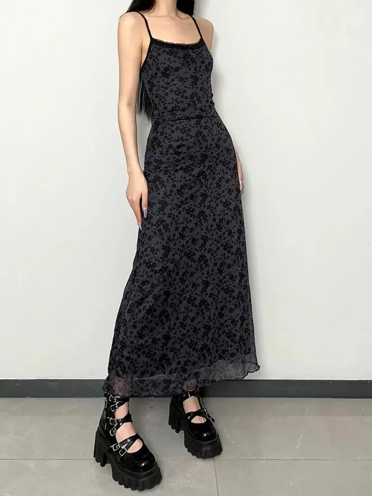 Y2K Spring Summer Long Dress Grunge Fashion Loose Fit Spaghetti Strap Retro Maxi Dress