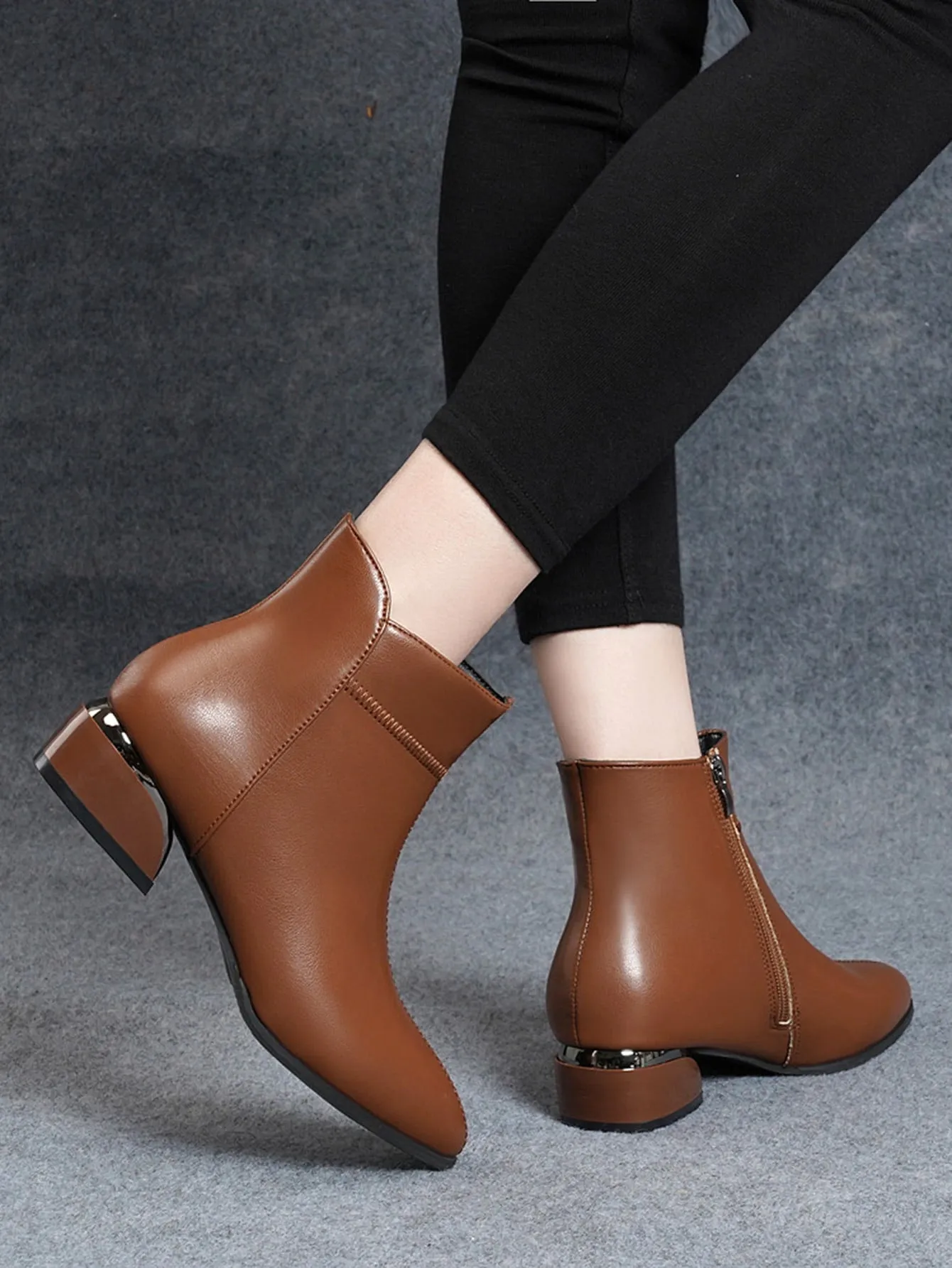 Zipper Side Point Toe Chunky Heeled Boots - Brown- FD ⚡