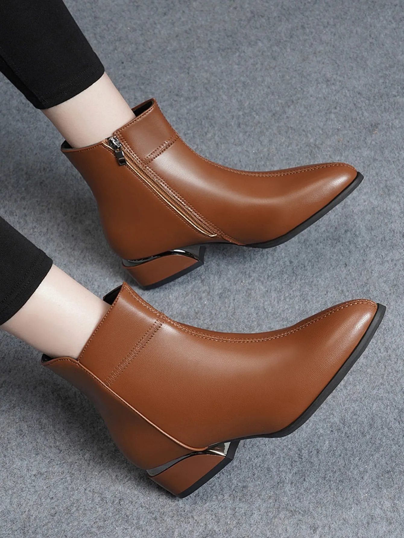 Zipper Side Point Toe Chunky Heeled Boots - Brown- FD ⚡