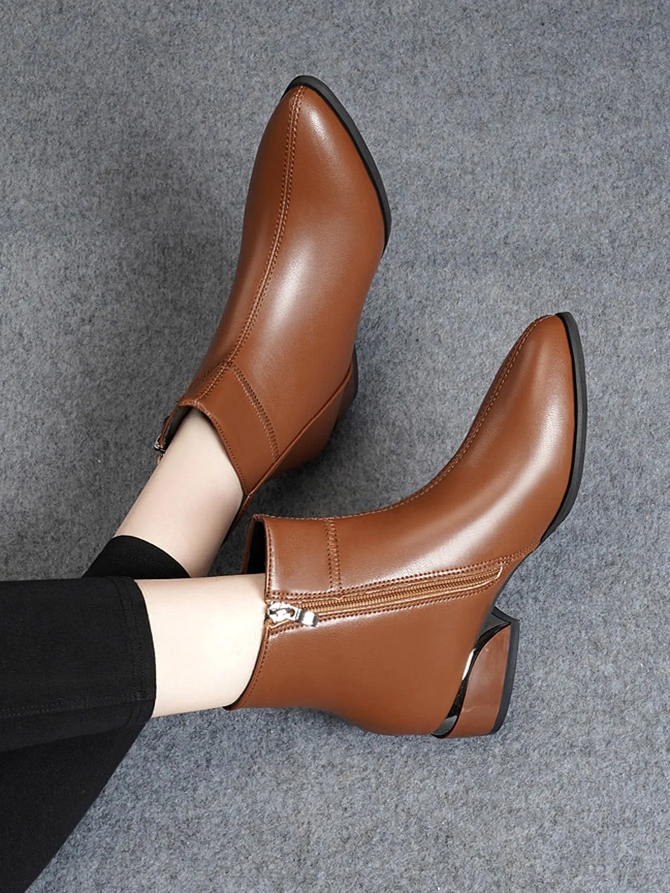 Zipper Side Point Toe Chunky Heeled Boots - Brown- FD ⚡