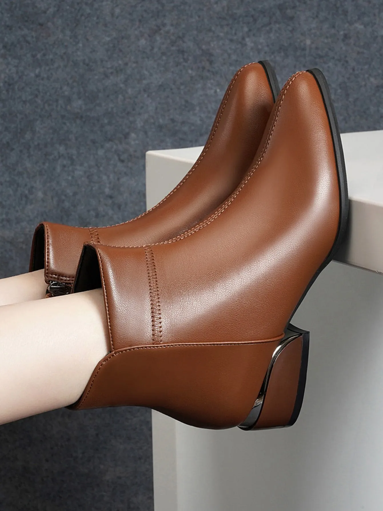 Zipper Side Point Toe Chunky Heeled Boots - Brown- FD ⚡