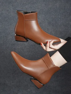 Zipper Side Point Toe Chunky Heeled Boots - Brown- FD ⚡